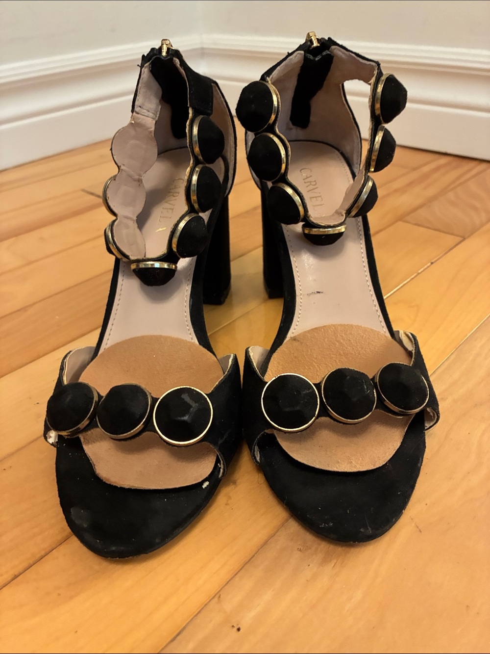 Carvela Black Suede Block Heel Sandals with Gold Accent Discs